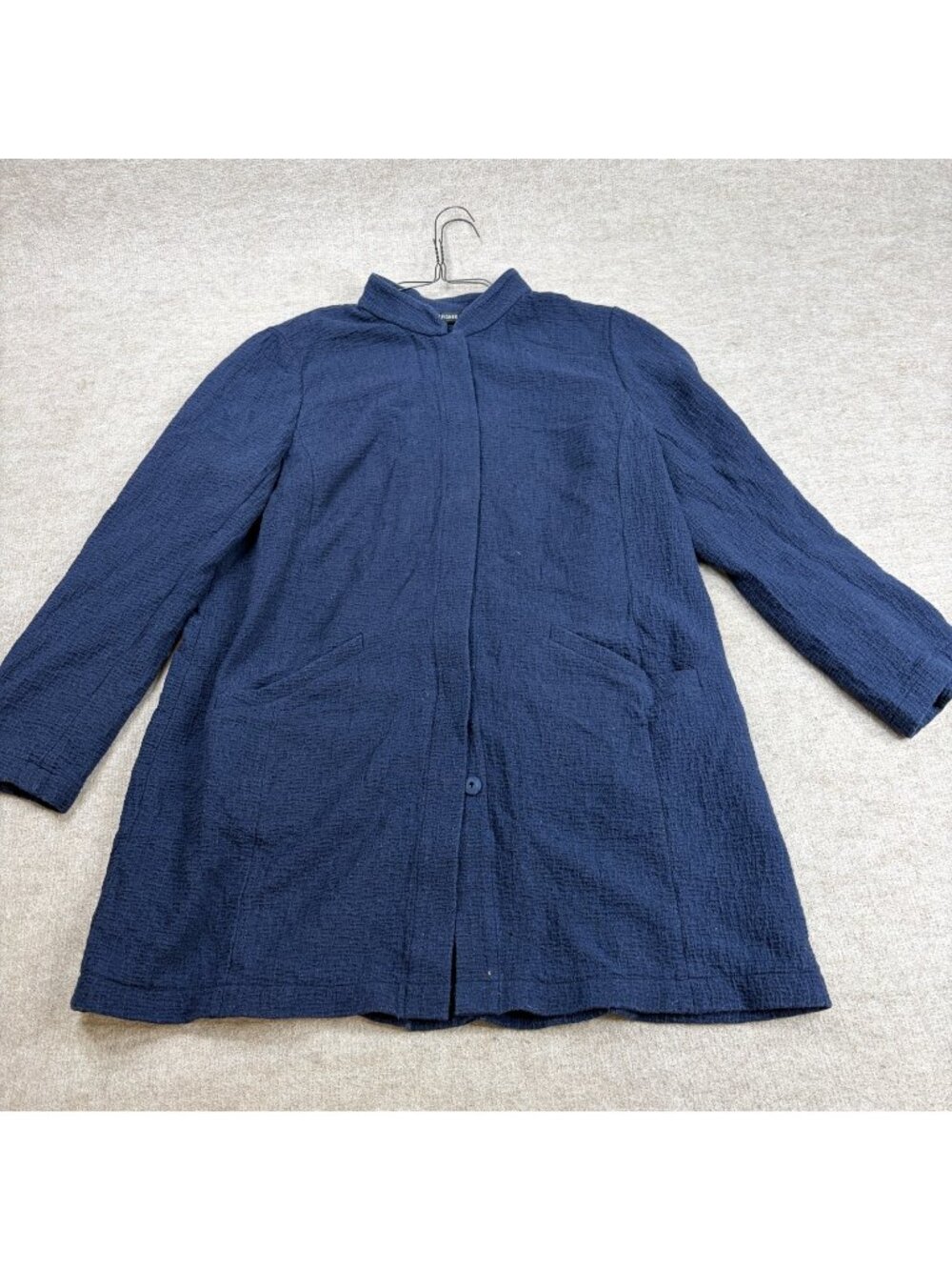 Eileen Fisher Womens Jacket Large Blue Hidden Placket Band Collar Jacquard